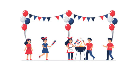 Naklejka premium Children Celebrate Independence Day with Barbecue Party Decorations.