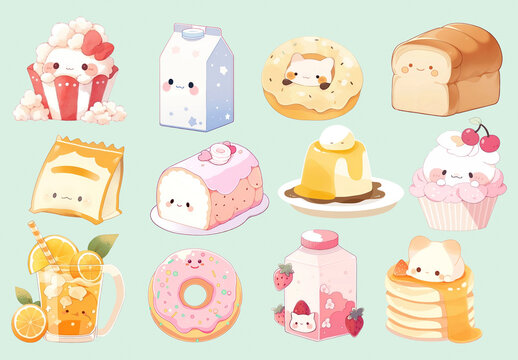 Cute Kawaii Food Illustrations Element Design Set