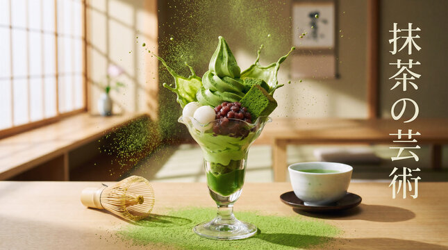 Delicious Japanese matcha green tea parfait dessert with dynamic splash effect in a traditional tea house setting