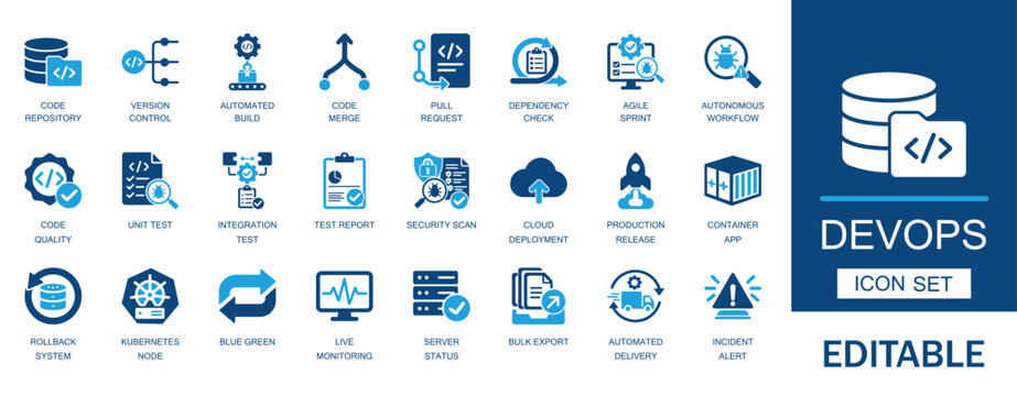 DevOps and CI CD pipeline icon set. Featuring code repository, version control, automated build, cloud deployment, product release, and server monitoring symbols.