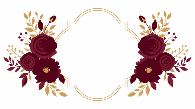 Elegant Vector Floral Frame Adorned with Deep Burgundy Roses and Golden Leaves, Ideal for Wedding Invitations, Celebration Cards, and Vintage Decorative Projects