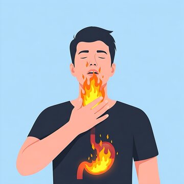 a person holding their throat/chest, stomach shown with a glowing, acidic yellow fire rising. Face shows burning.