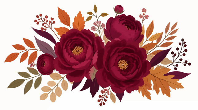 Exquisite autumn floral arrangement featuring lush burgundy peony blossoms and a vibrant array of fall foliage, perfect for elegant seasonal designs
