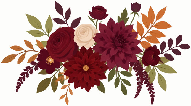 Autumn floral arrangement with deep red, burgundy, and cream flowers with fall foliage