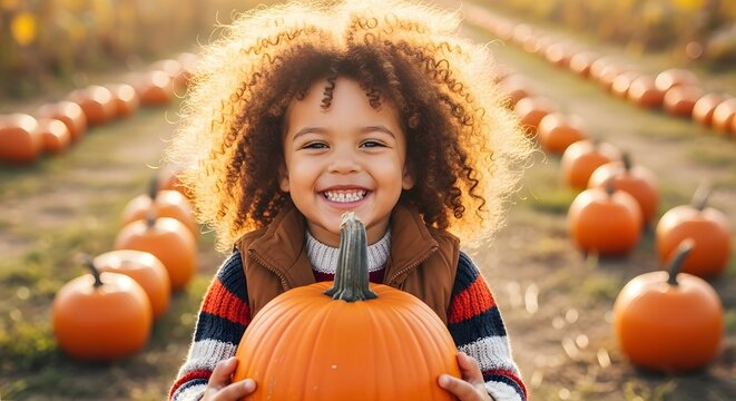 A happy young child with curly hair holding a large orange pumpkin in a sunny pumpkin patch field