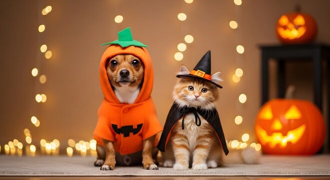 A cute dog wearing a pumpkin costume and a fluffy kitten wearing a witch hat and cape sitting together for halloween