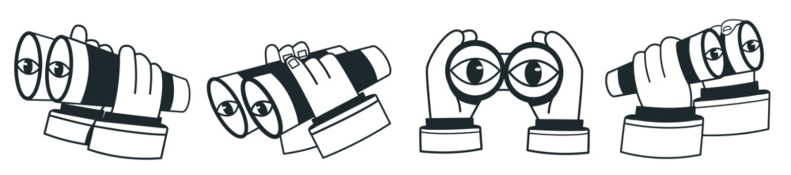 Hands holding binoculars with eyes inside line art vector illustration set. Metaphor for market research, business vision, future trends forecasting, job hunting, talent search, finding opportunities 