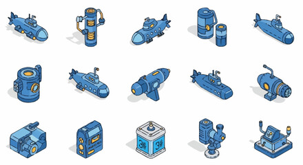 Collection of isometric blue submarines and related underwater technology icons, perfect for games or infographics. © Omah