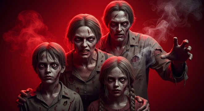 Scary zombie family portrait with parents and two children in a dark atmosphere with red lighting and smoke