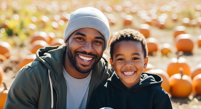 Happy father and son smiling together at a pumpkin patch in autumn