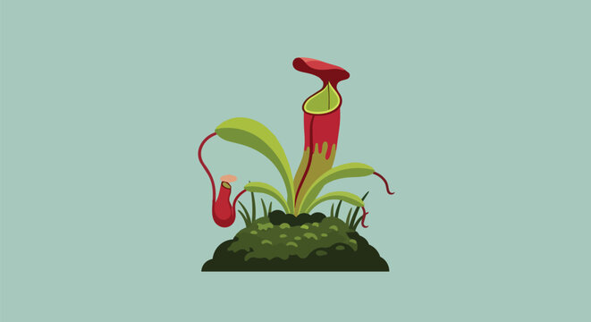 Tropical carnivorous pitcher plant illustration with red pitchers and green leaves growing on mossy soil