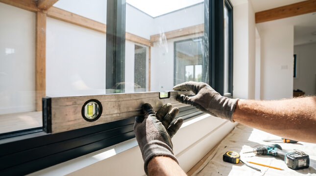 Construction worker hands in protective gloves, holding a metal spirit bubble level, checking the alignment of a window frame, inside a modern house interior renovation, home improvement photography