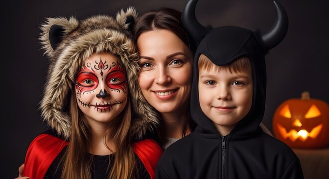 Happy family celebrating halloween with costumes and jackolantern