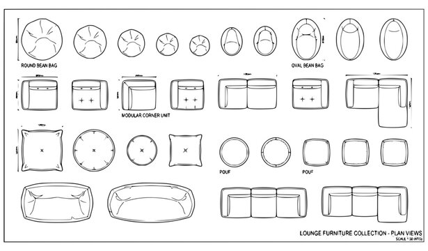 CAD Top View Bean Bag and Soft Lounge Seating Set Vector Illustration for Interior Floor Plans
