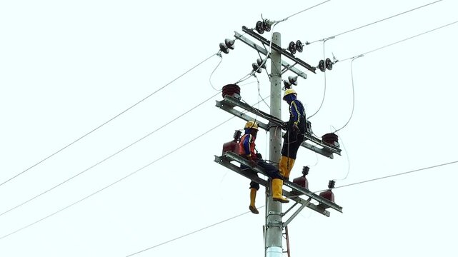 Electricians work on a tall utility pole. They wear safety gear and use tools. They handle wires and equipment with care. The sky is overcast behind them. Their focus shows dedication and skill