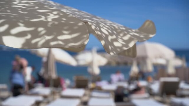 Soft focus view of an upscale beachfront resort featuring rows of sun loungers, decorative parasols, and views of the sparkling sea
