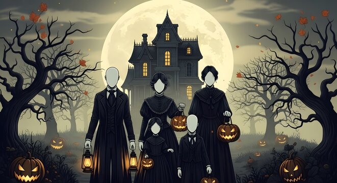 A family of faceless figures in victorian attire standing in front of a haunted house under a full moon