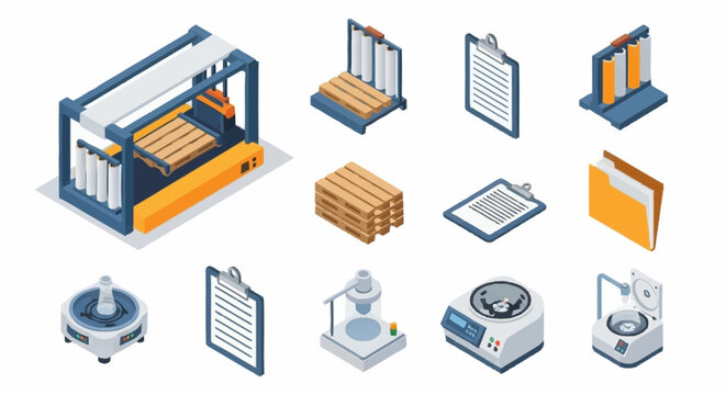 Set of isometric icons representing industrial equipment, laboratory tools, and office supplies for manufacturing and research.