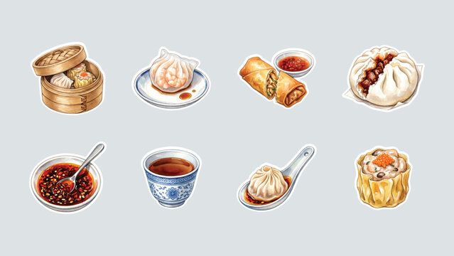 Watercolor Asian dim sum food sticker set for scrapbook design