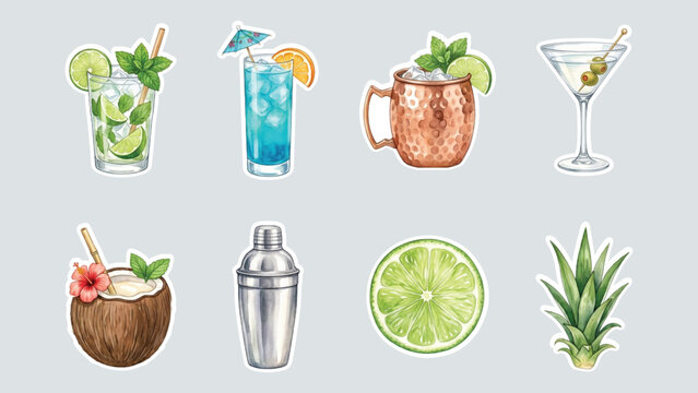 Watercolor tropical cocktail and drink sticker set collection