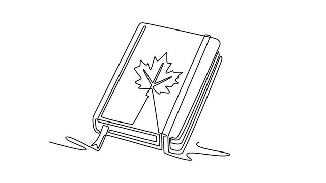 Autumn notebook with maple leaf cover. Autumn concept. Single line draw design. Full length animation illustration. High quality 4k footage
