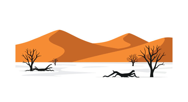 Minimalist Desert Landscape with Orange Sand Dunes and Dead Tree Silhouettes illustration