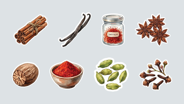 Culinary herbs and spices watercolor sticker set collection