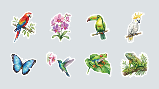 Watercolor tropical rainforest animals and flowers sticker pack collection