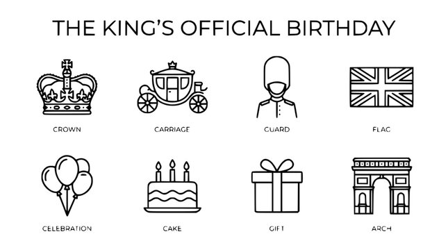 The King's Official Birthday Icons: Crown, Carriage, Guard, Flag, Balloons, Cake, Gift, Arch