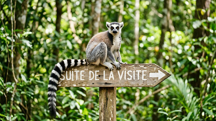 Fototapeta premium Ring-tailed Lemur Sitting on a Wooden Directional Sign in a Lush Green Tropical Forest