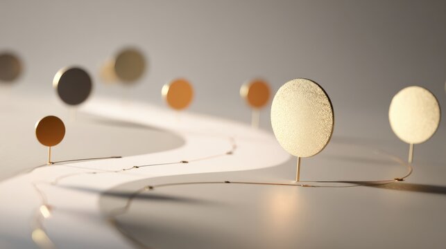 A winding path with circular golden objects placed along its way, suggesting a journey or progression. The lighting creates a sense of depth and soft shadows.