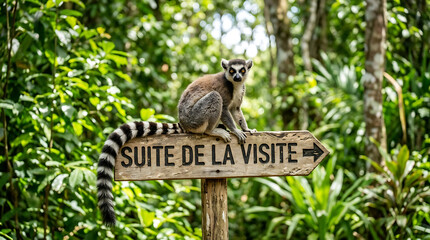 Fototapeta premium Ring Tailed Lemur Sitting Calmly on a Wooden Directional Sign in a Lush Green Tropical Forest