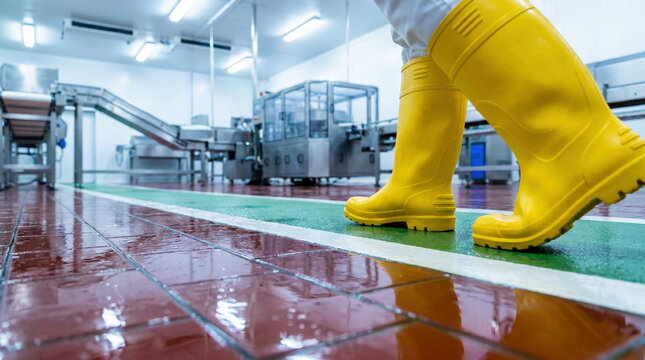 Worker in yellow safety boots walking on wet floor within clean food processing plant with machinery, emphasizing hygiene and safety standards.