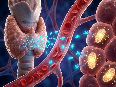 Photorealistic 3D CGI visualization of thyroxine T4 hormone activity inside human body highly detailed thyroid gland releasing hormone molecules into bloodstream realistic metabolic regulation process