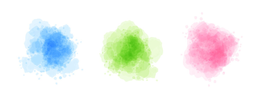Blue green pink watercolor spot set. Liquid watercolour texture splash effects. Pastel color round ink or paint brush stroke shape elements. Soft wet color splatters, blobs, stains, drops. Vector