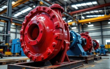 Fototapeta premium Large red industrial pump in a factory setting with machinery and equipment in the background.