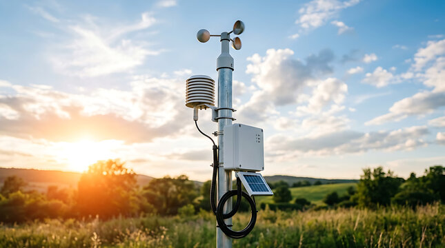 Cutting-edge meteorological instrument on a pole monitoring atmospheric conditions at a beautiful sunset