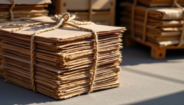 Stacks of old newspapers bundled with string on a concrete floor in storage.