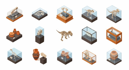 Collection of museum exhibits displayed in glass cases, including dinosaur skeletons, ancient pottery, and fossils. © Omah