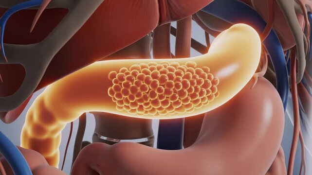 human torso with pancreas highlighted front wide shot, narrow functional band spanning abdominal region, detailed anatomy visualization for digestion and hormone regulation in medical education