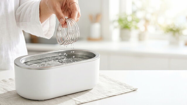 Jewelry cleaning with silver bangles removed from ultrasonic device, bright home setting, personal accessory maintenance.