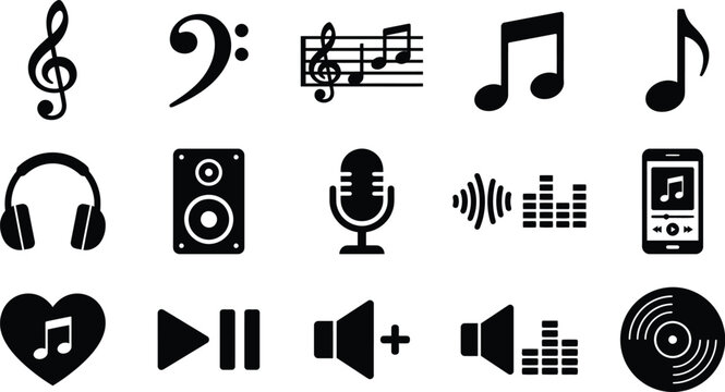 Music Icons Collection Flat Black Silhouettes On White Background