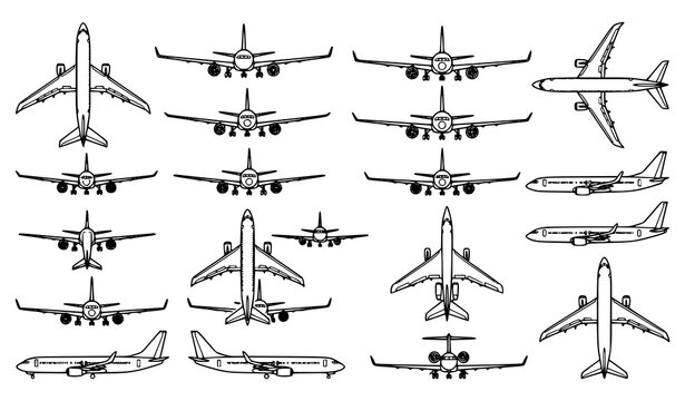 Multi view airplane line art vector set featuring aviation aircraft technical illustrations