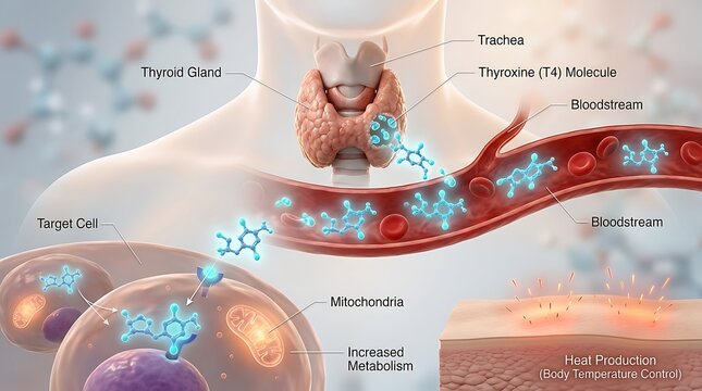 Ultra realistic 3D educational illustration of thyroxine T4 hormone produced by thyroid gland detailed thyroid gland anatomy highlighted within human body realistic hormone molecules circulating throu