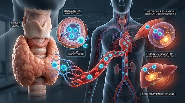 Ultra realistic 3D educational illustration of thyroxine T4 hormone produced by thyroid gland detailed thyroid gland anatomy highlighted within human body realistic hormone molecules circulating throu