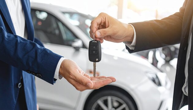 Man receiving car keys from salesman.
