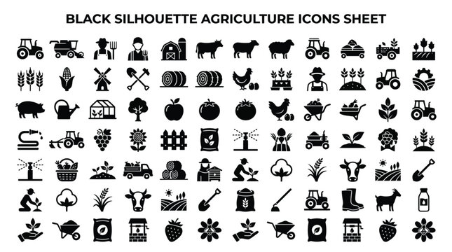 Agriculture icons depict farm life.