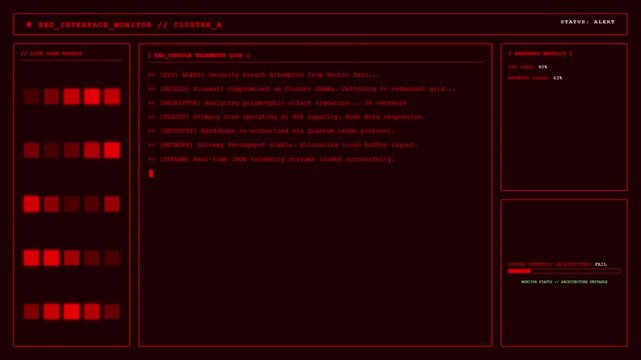 Red Hacker Terminal Security Breach Alert Interface.