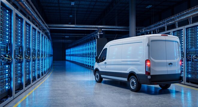 Secure data transit concept with an unmarked white cargo van parked in a blue server room aisle
