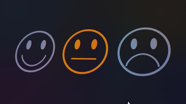 Video animation of a fictional website showing a mouse pointer clicking on a neutral button (neutral feedback) in a feedback survey. Business concept for online ratings.
